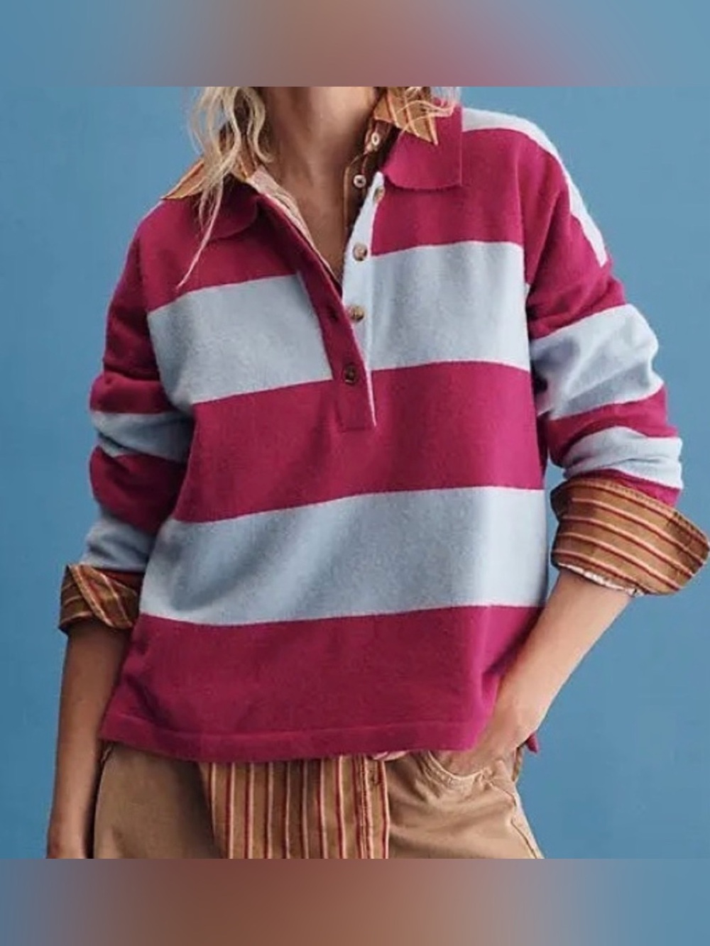 Anthropologie Maeve Rugby Polo Sweater Pink Blue Sz L preppy oversized
